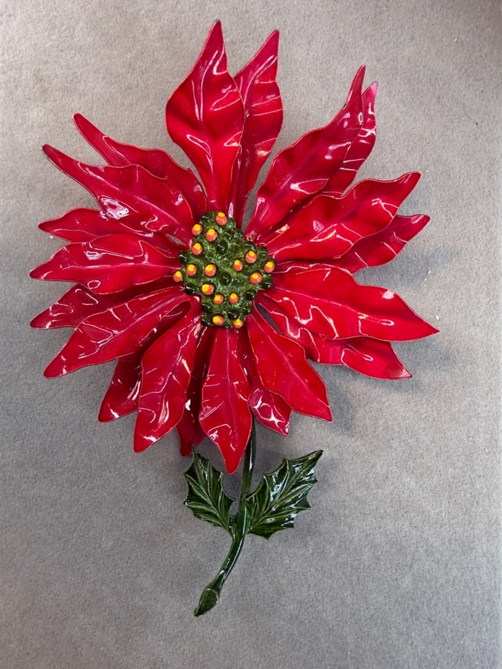 Large Vintage Red Metal Poinsettia Wall Brooch